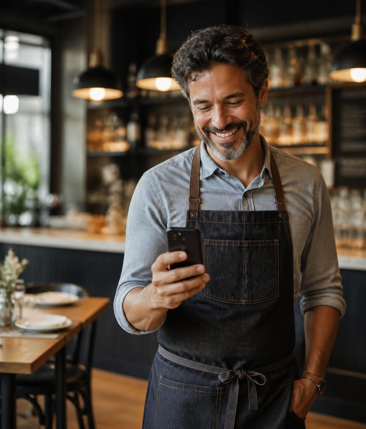 Restaurateur consultant sa carte digitale sur son smartphone